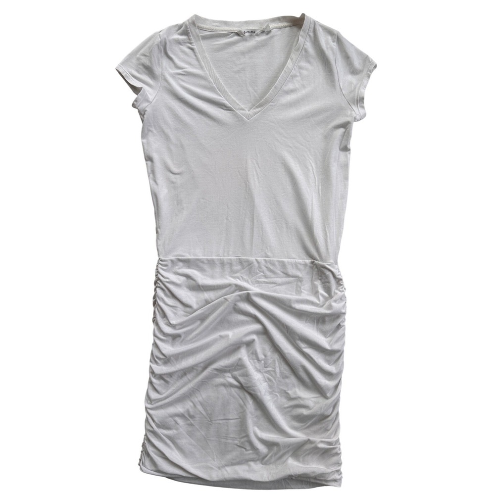 Athleta V-Neck Ruched Skirt Dress Women Size S White Short Sleeve  Excellent